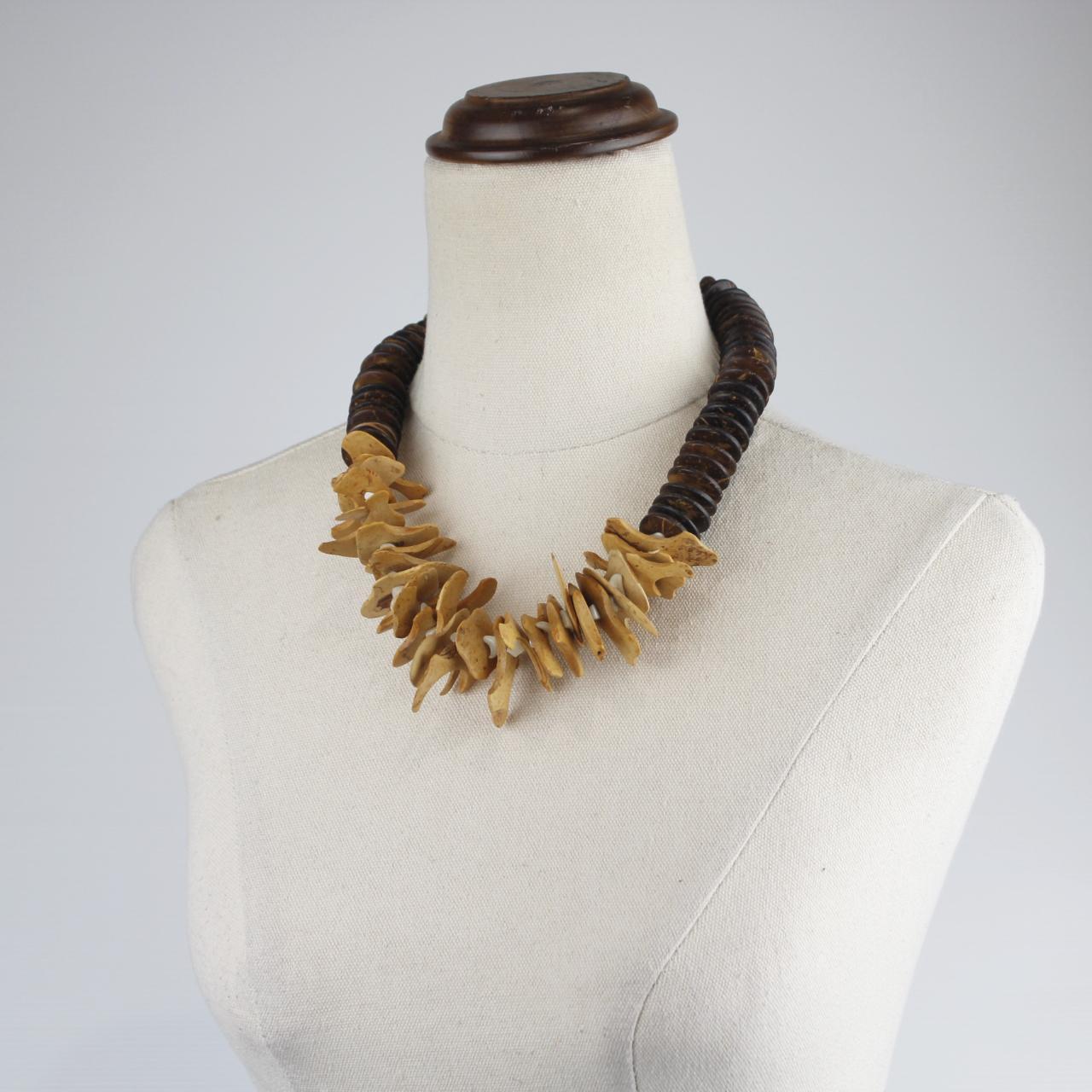 Statement Necklace Dark Brown Beads Tan Organic Pieces Triba