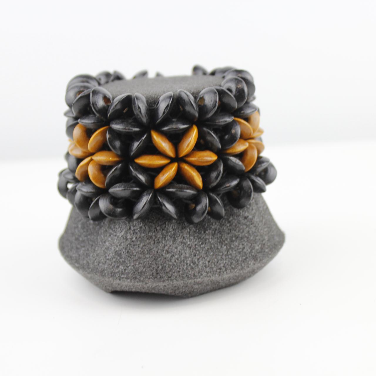 Black Mustard Yellow Bead Bracelet Stretch Textured Jewelry