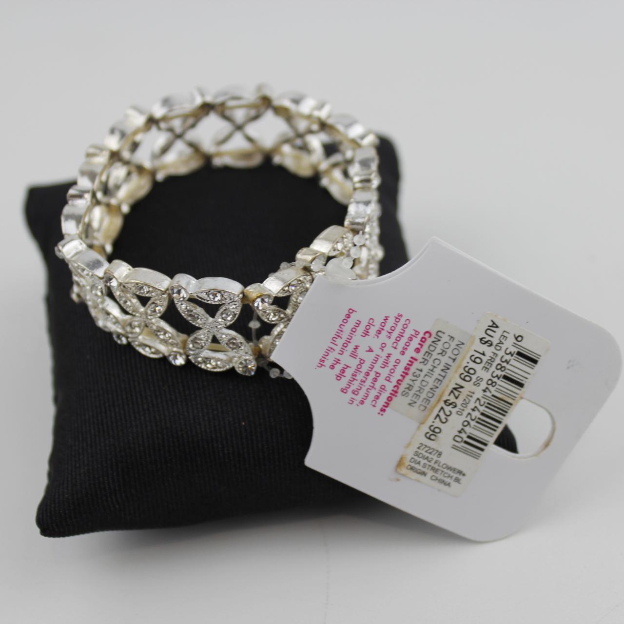 Silver Tone Bracelet Heart Openwork Design Rhinestone Encrus