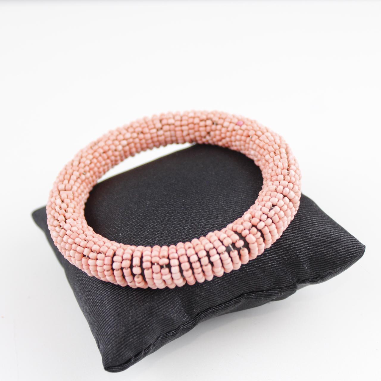 Pink Beaded Bangle Bracelet Artisan Woven Jewelry Statement