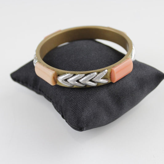 Bohemian Gold-Tone Bangle Bracelet Coral Inlay Silver Chevro