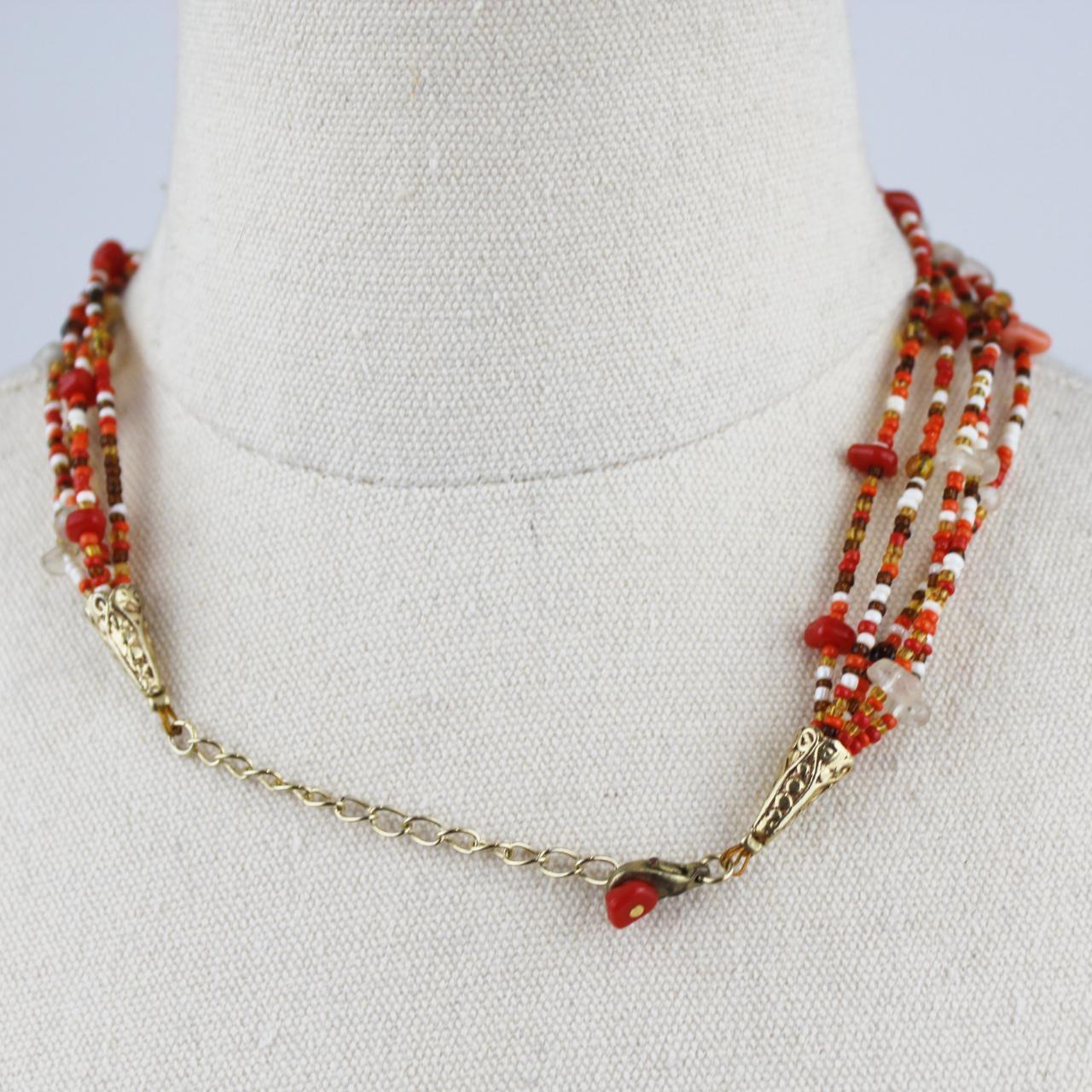 Multistrand Beaded Necklace Red Orange White Beads Marbled P