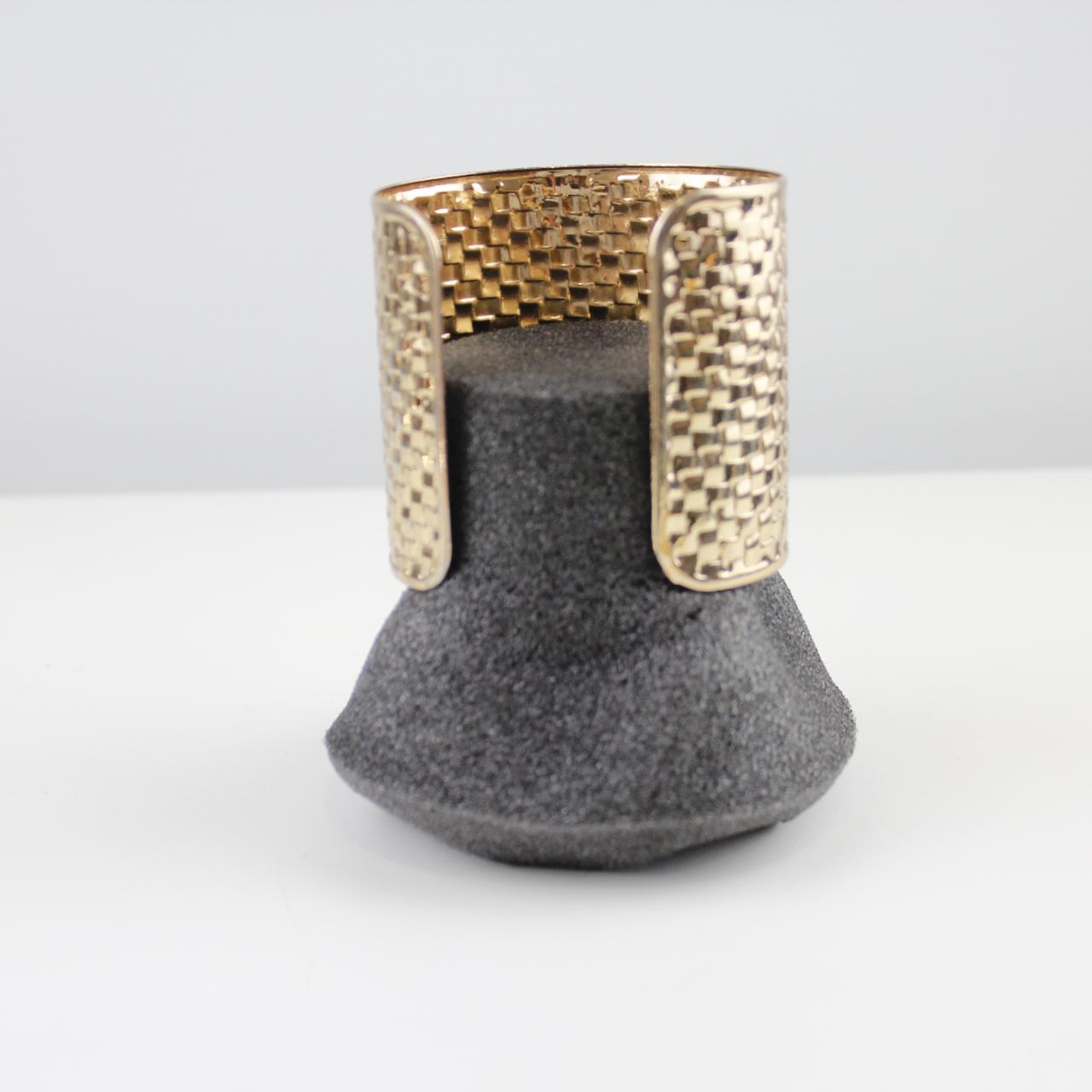 Gold Tone Cuff Bracelet - Textured Woven Pattern - Cut-Out D