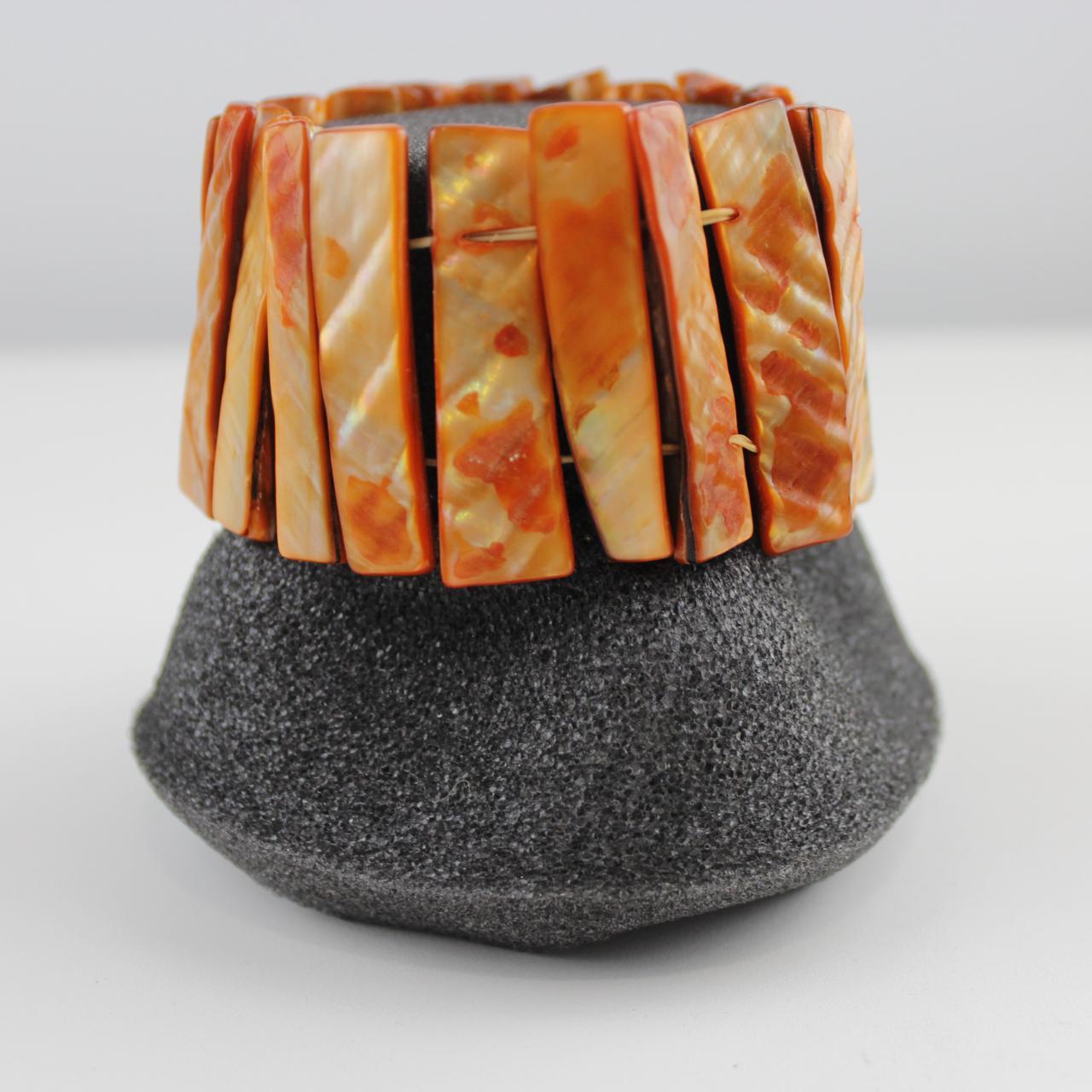 Orange Abalone Shell Bead Bracelet Rectangular Tile Boho Sta