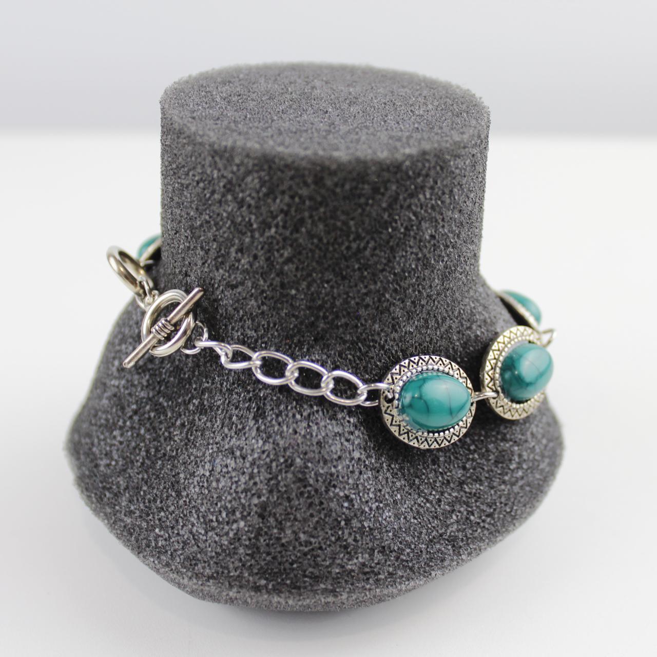 Vintage Turquoise & Silver colour Bracelet Oval Boho Stateme