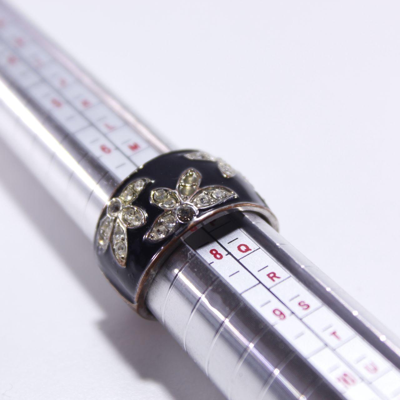 Wide Black Enamel Ring Silver Tone Rhinestone Floral Leaf
