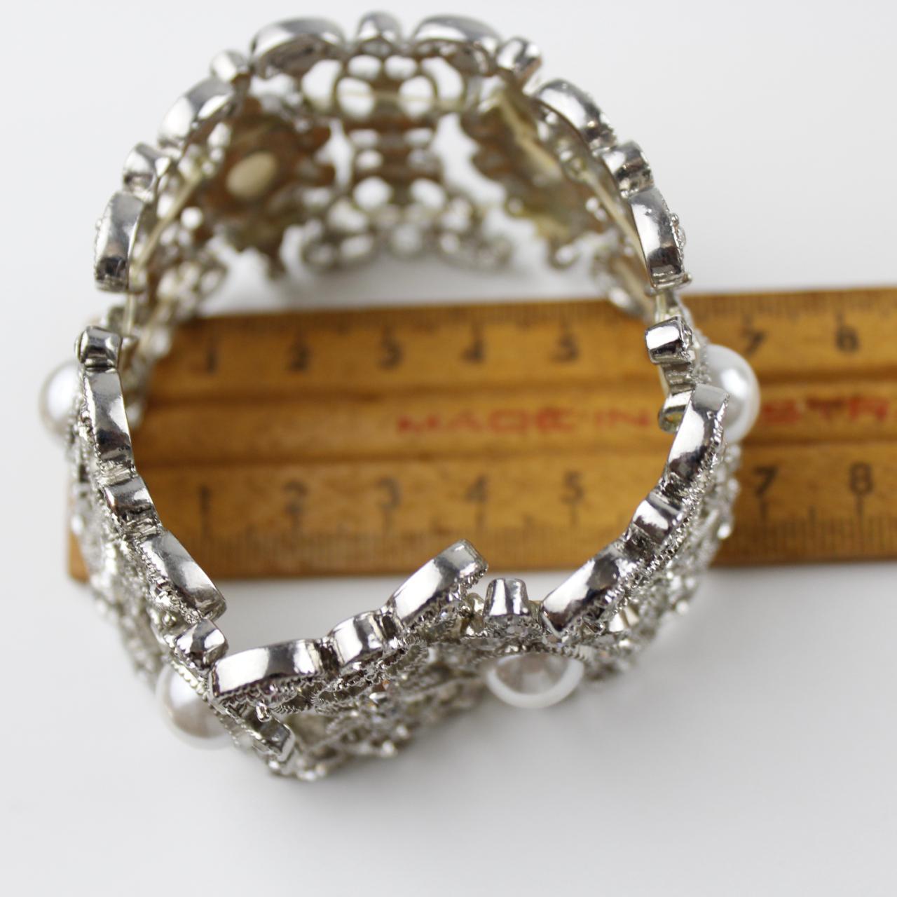 Stretch Bracelet Faux Pearls & Clear Stones Silver Tone Wide