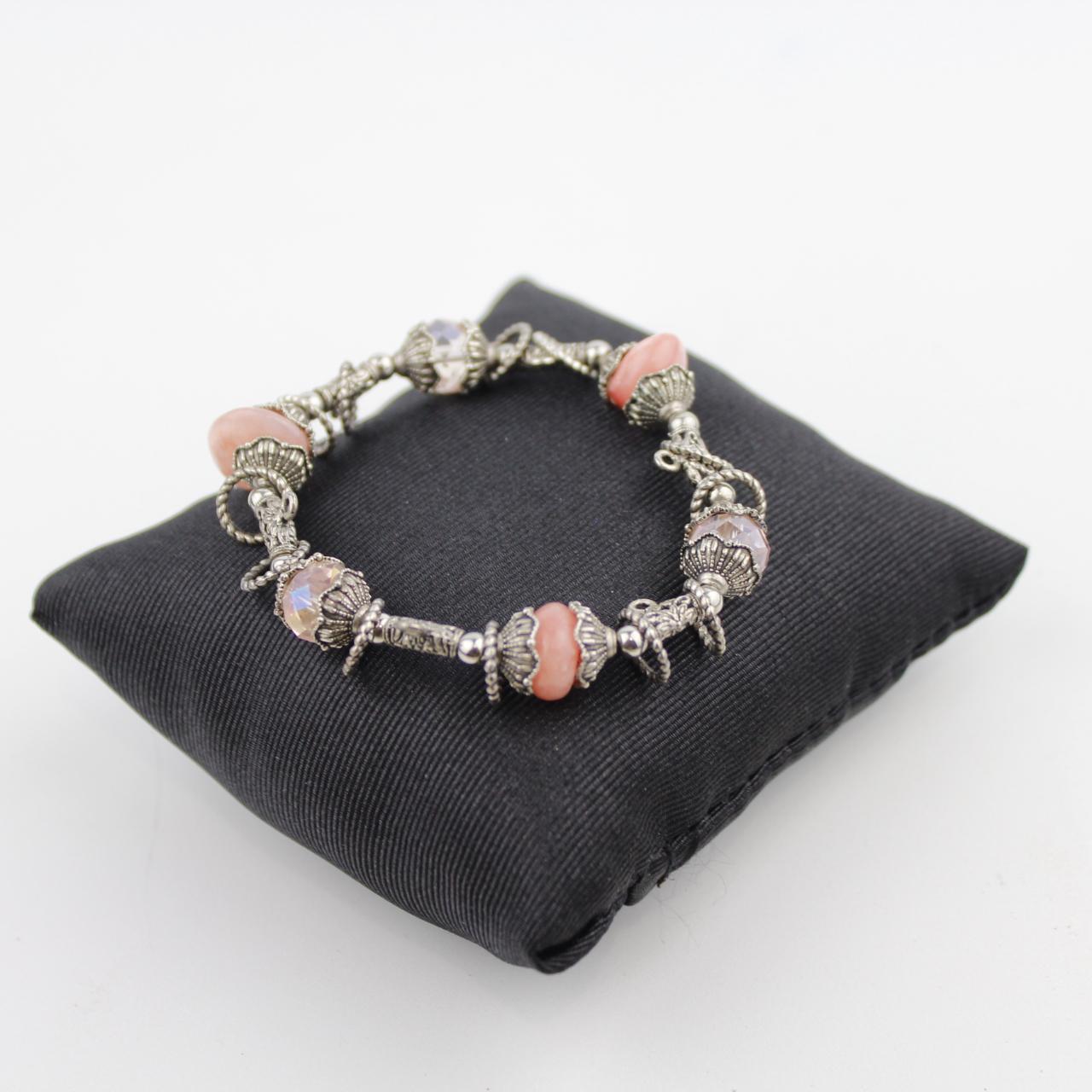 Vintage Silver Charm Bracelet with Pink and Clear Beads Eleg