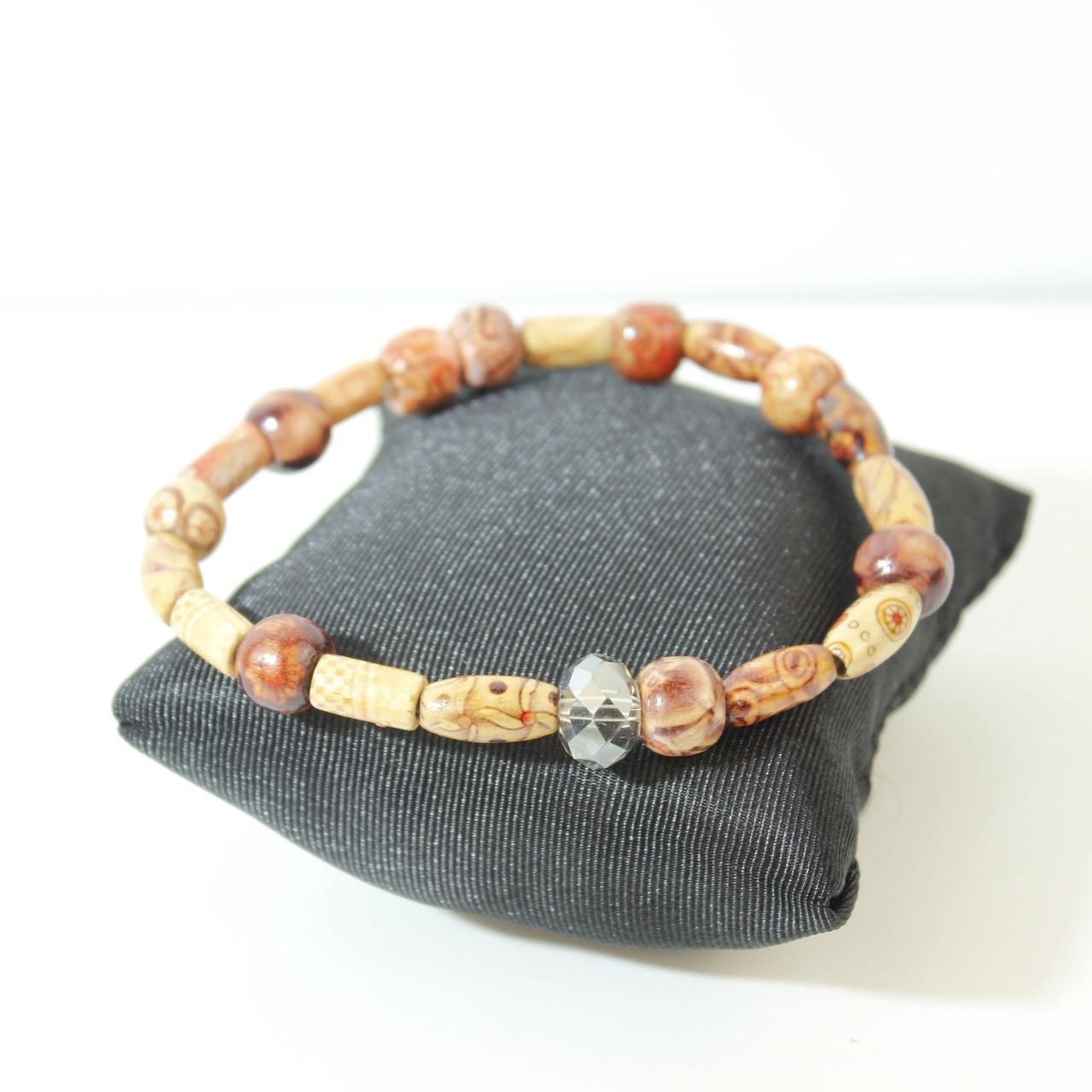 Vintage Leopard Skin Beaded Bracelet Wood Barrel Beads