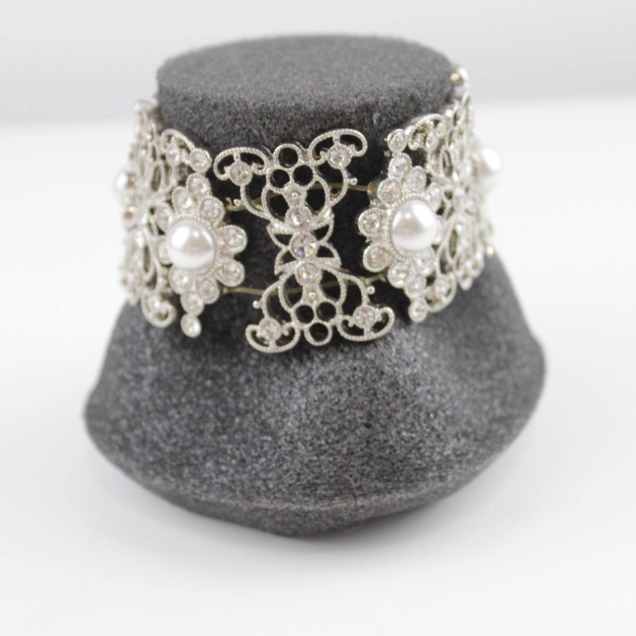 Stretch Bracelet Faux Pearls & Clear Stones Silver Tone Wide