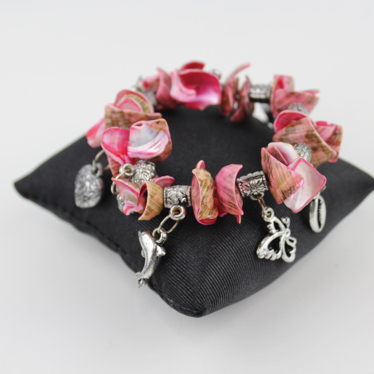 Handmade Pink Shell Charm Bracelet Dolphin Butterfly Heart S