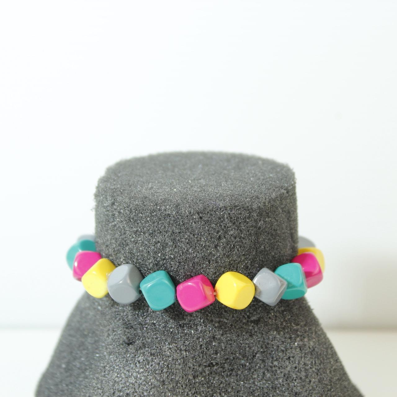 Geometric Multicolour Cube Bead Stretch Bracelet Pink Yellow Teal Grey Square