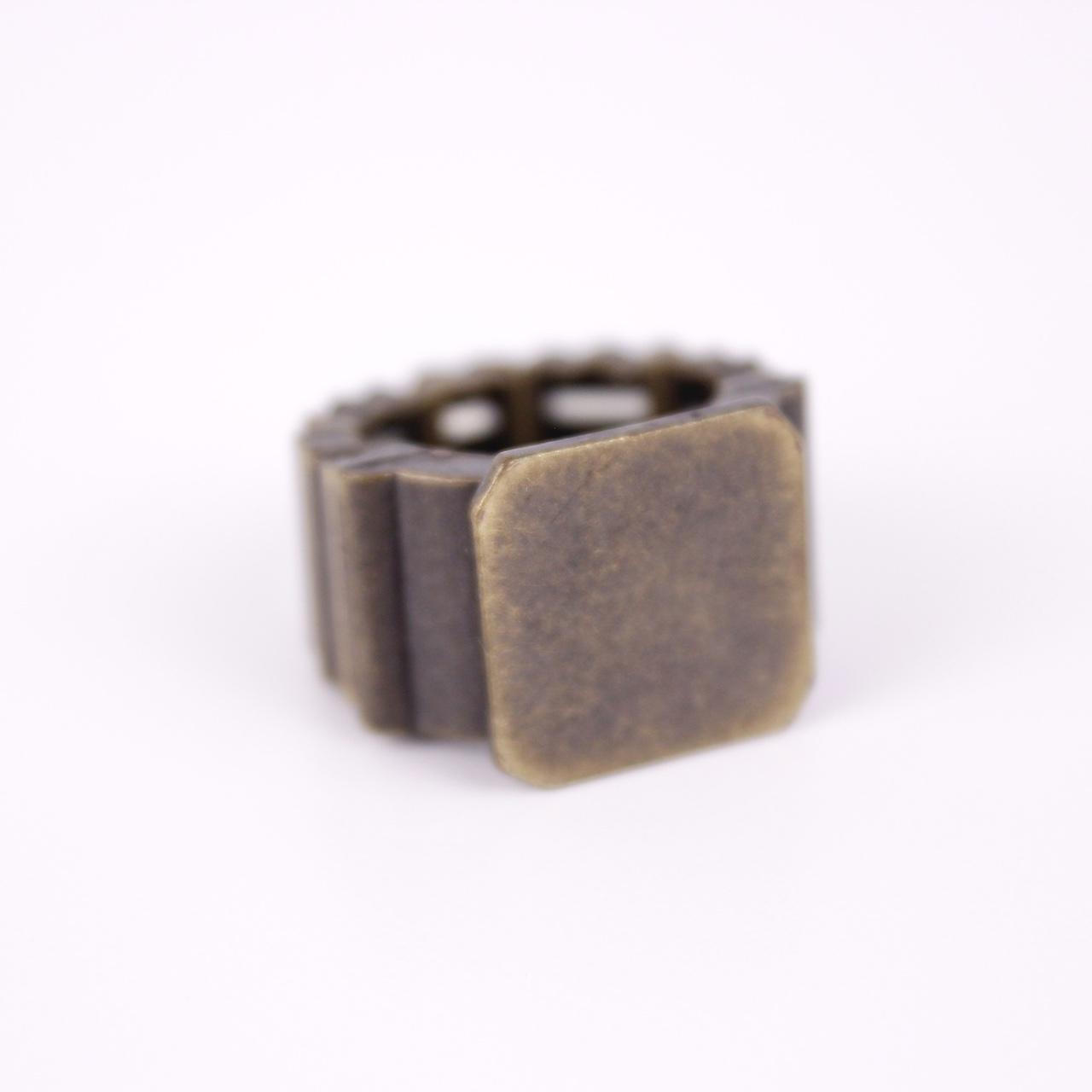 Vintage Brutalist Square Signet Ring Brassy tone Wide Industrial Statement Stret