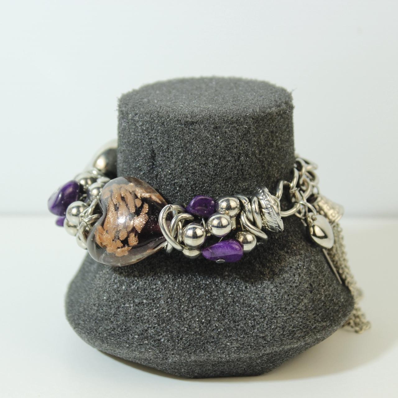 Chunky Silver Tone Charm Bracelet Purple Stone Chips Metallic Beads Large Chain