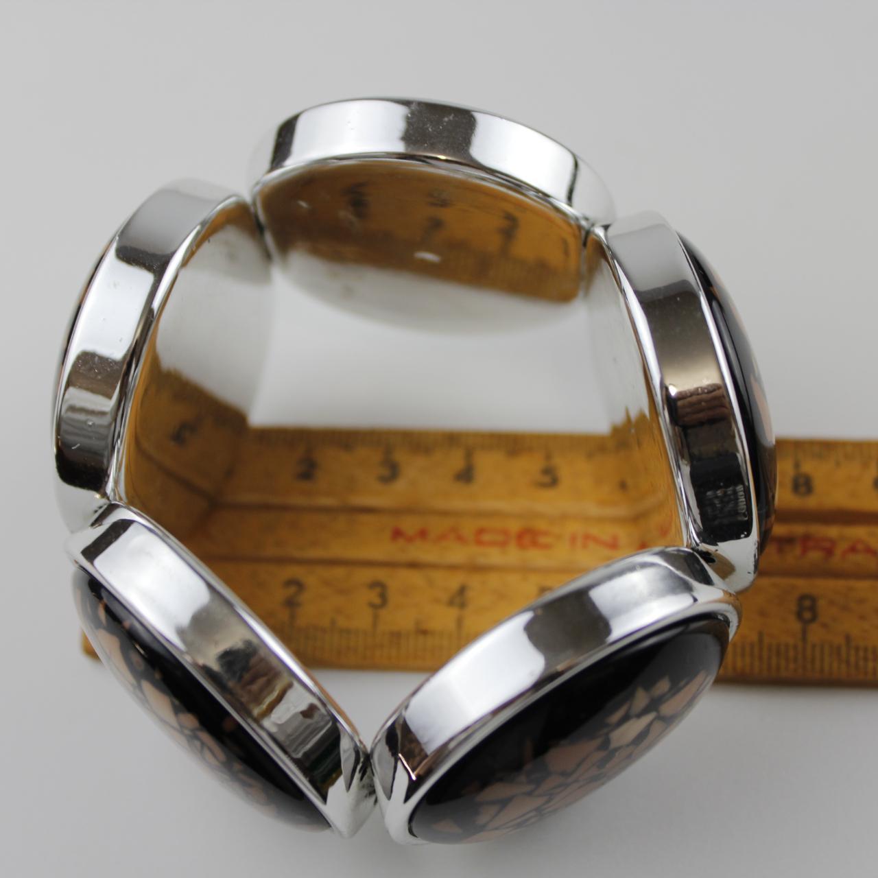 Bold Cabochon Bracelet Mosaic Inlay Silver Tone Detail  Good