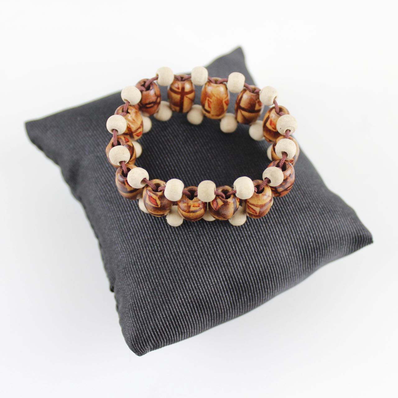 Natural Wood Bead Bracelet - Etched Patterns - Boho Chic - H