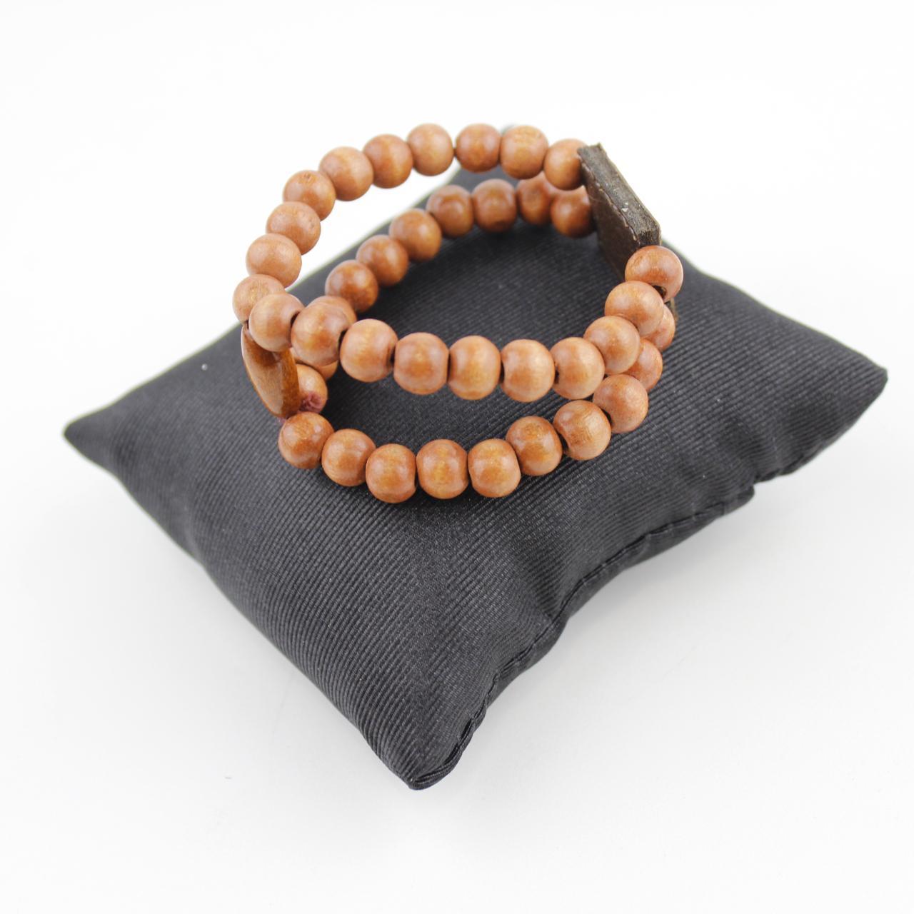 Wooden Beaded Bracelet Double Strand Religious Charm Spiritu