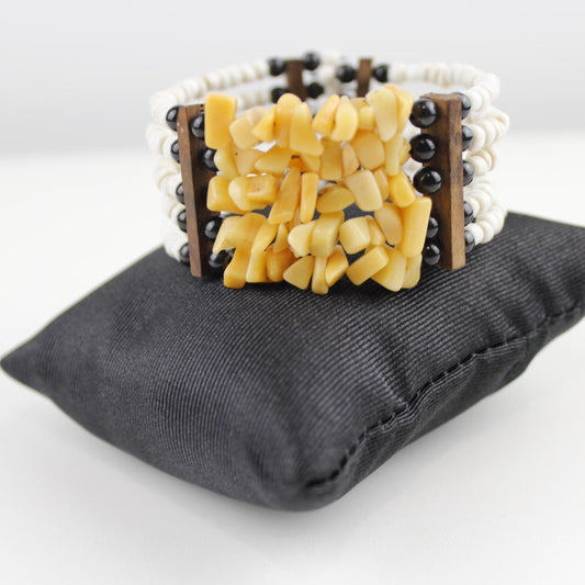 Boho Yellow Stone & White Bead Cuff Bracelet Tribal Statemen