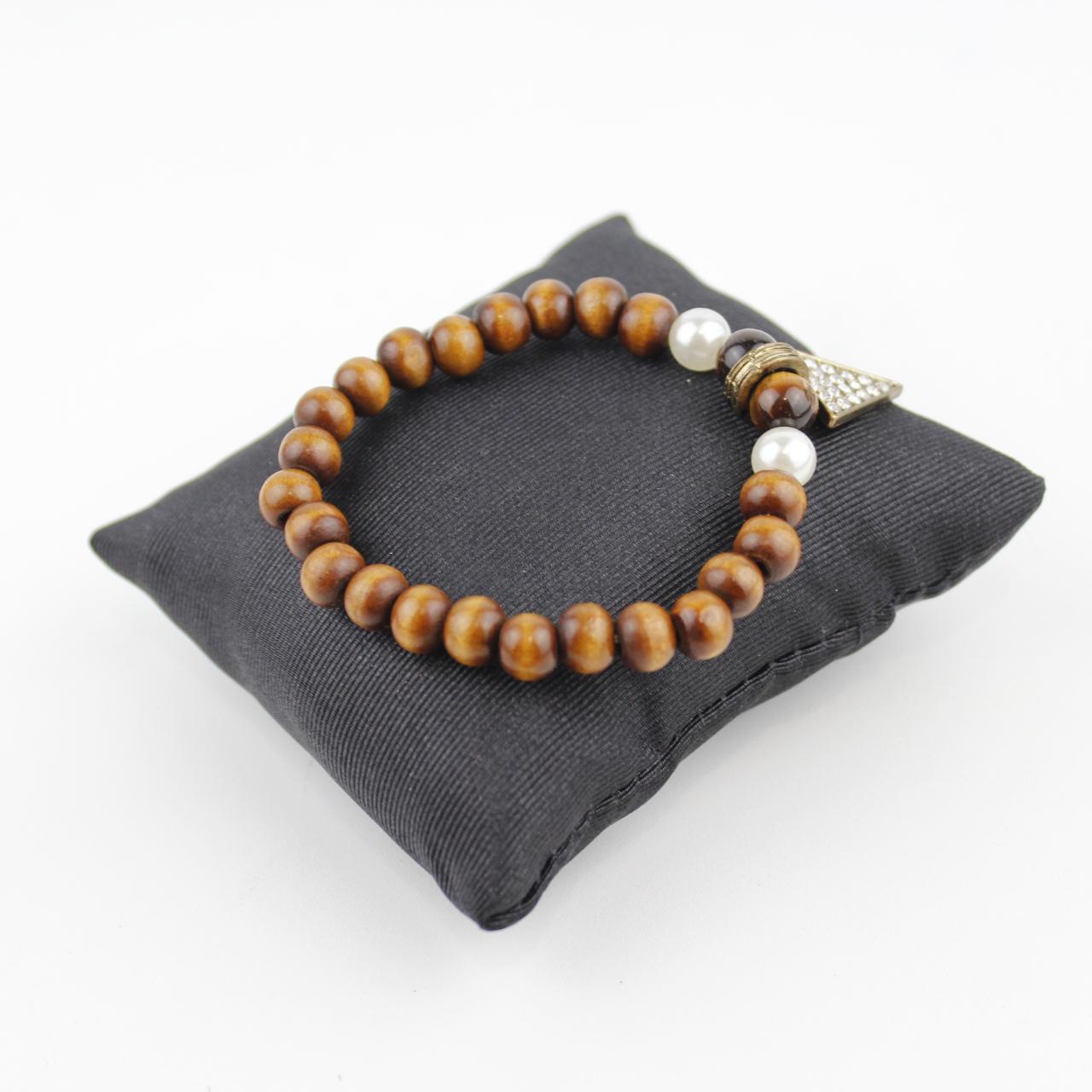 Wooden Bead Bracelet Pearl Rhinestone Triangle Pendant Jewel