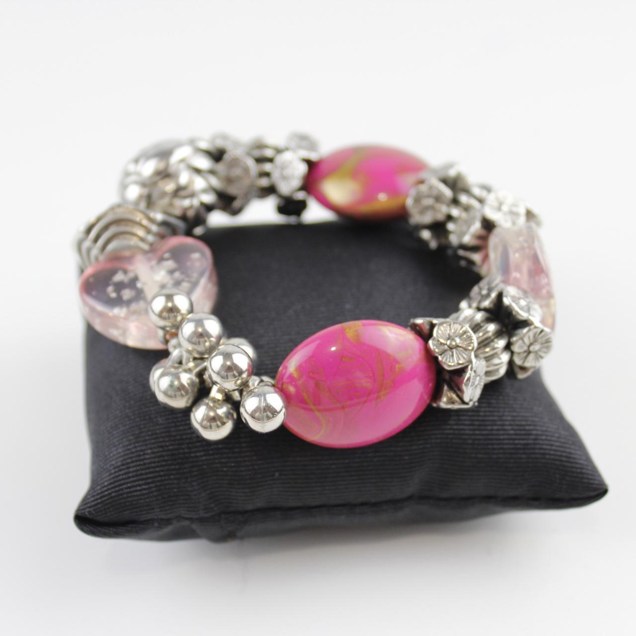 Eclectic Bead Stretch Bracelet - Pink & Clear Stones - Silve