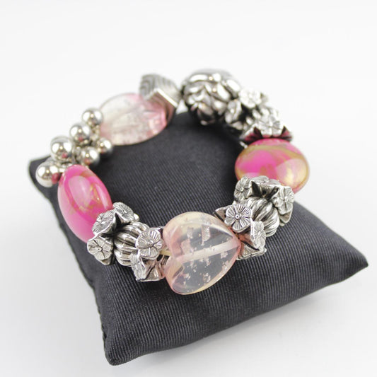 Eclectic Bead Stretch Bracelet - Pink & Clear Stones - Silve