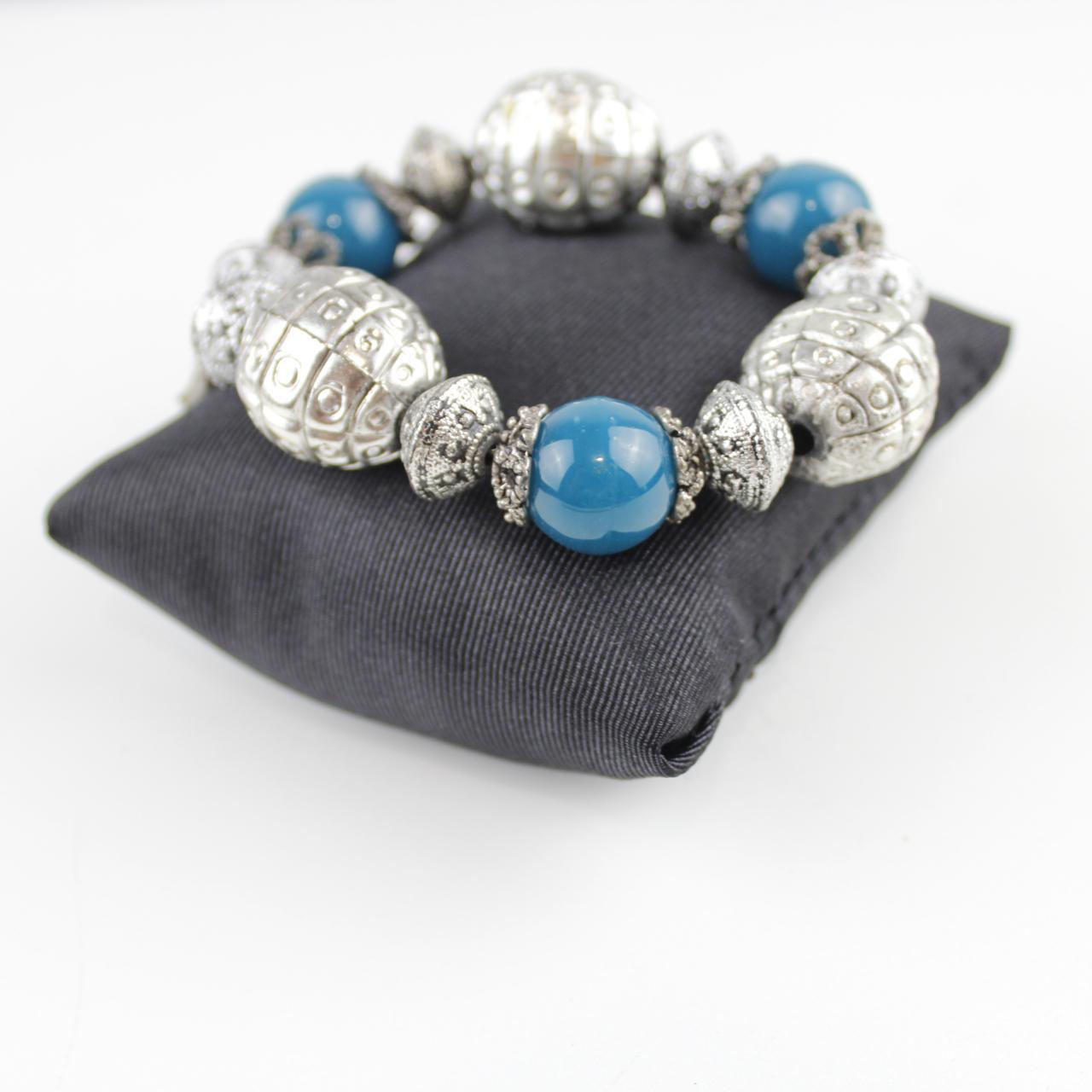 Boho Blue Beaded Bracelet Silver Tone Charm Dangle Fashion J