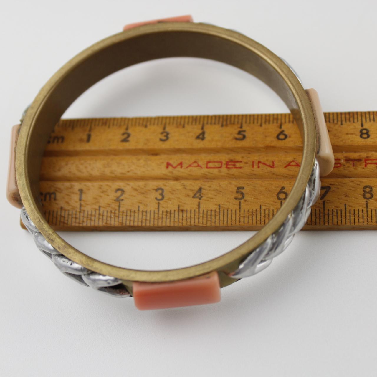 Bohemian Gold-Tone Bangle Bracelet Coral Inlay Silver Chevro