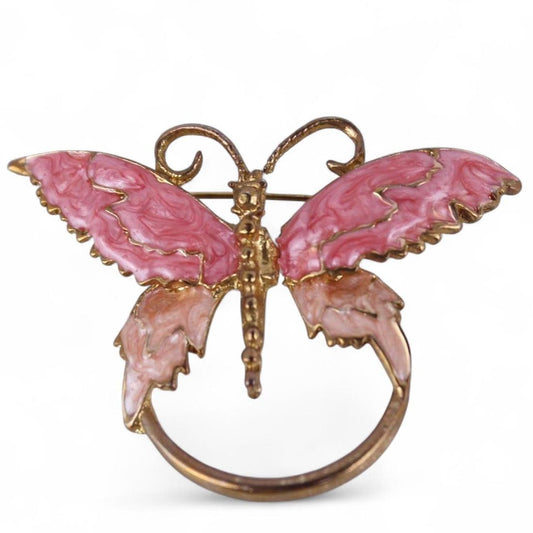 Butterfly Brooch Gold tone Pink Enamel Scarf Ring Animal Wing Jewellery Pin Uniq