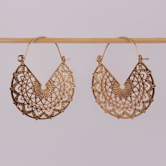 Gold tone Hoop Earrings Filigree Mandala Cut Out Geometric Boho Statement Jewelr
