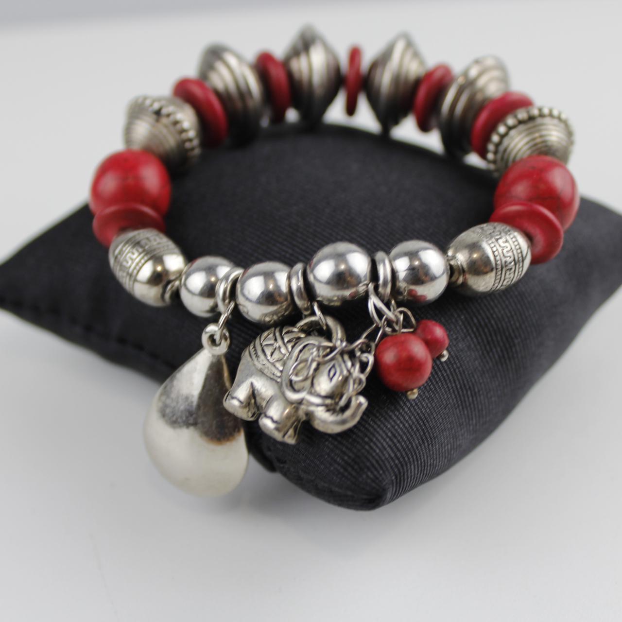 Red and Silver Tone Bead Stretch Bracelet Silver Tone Elepha