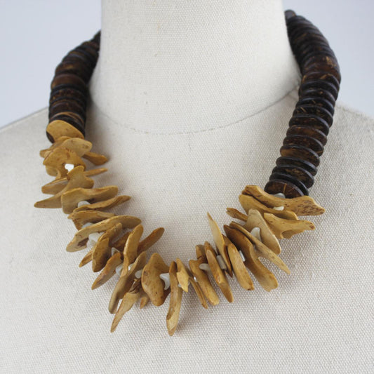 Statement Necklace Dark Brown Beads Tan Organic Pieces Triba