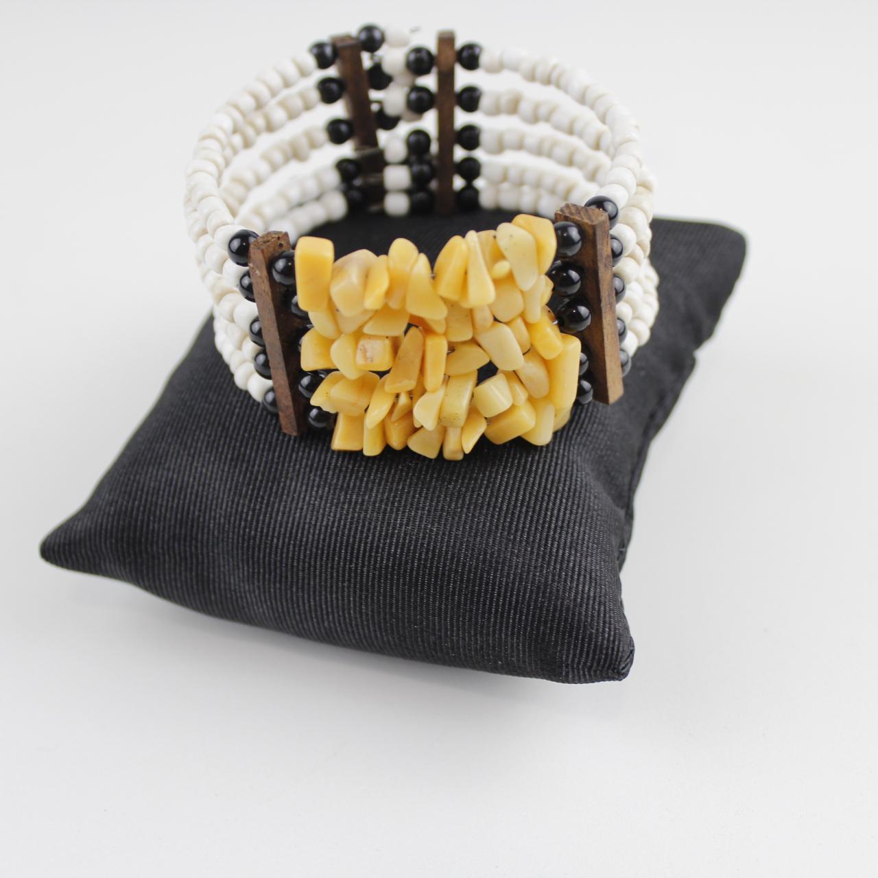 Boho Yellow Stone & White Bead Cuff Bracelet Tribal Statemen