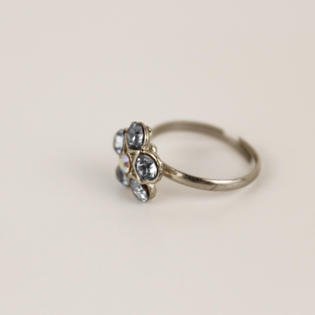 Silver Tone Blue Crystal Flower Ring Adjustable Stretch Band Floral Statement Je