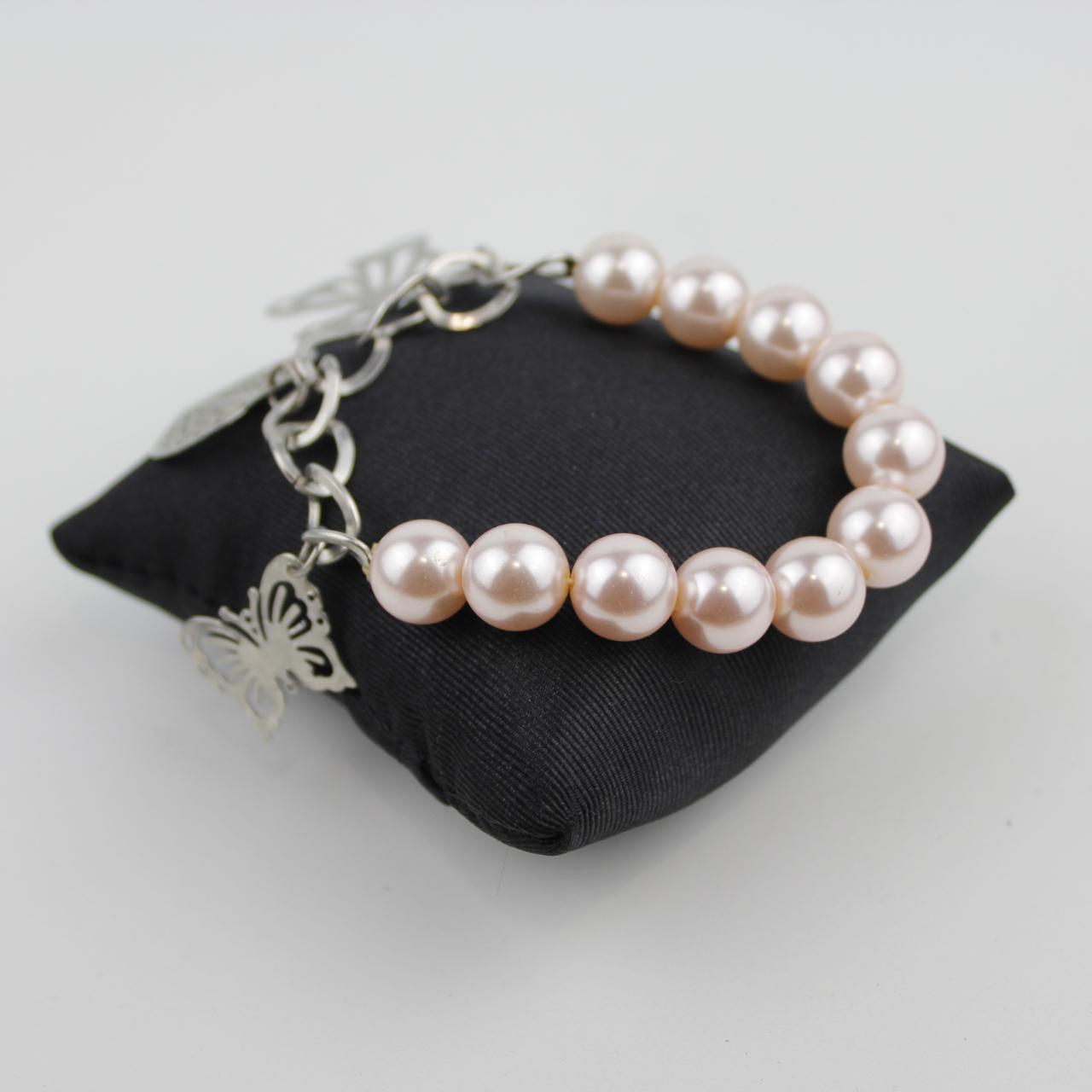 Pink Pearl Bracelet Silver Chain Butterfly Heart Charm Jewel