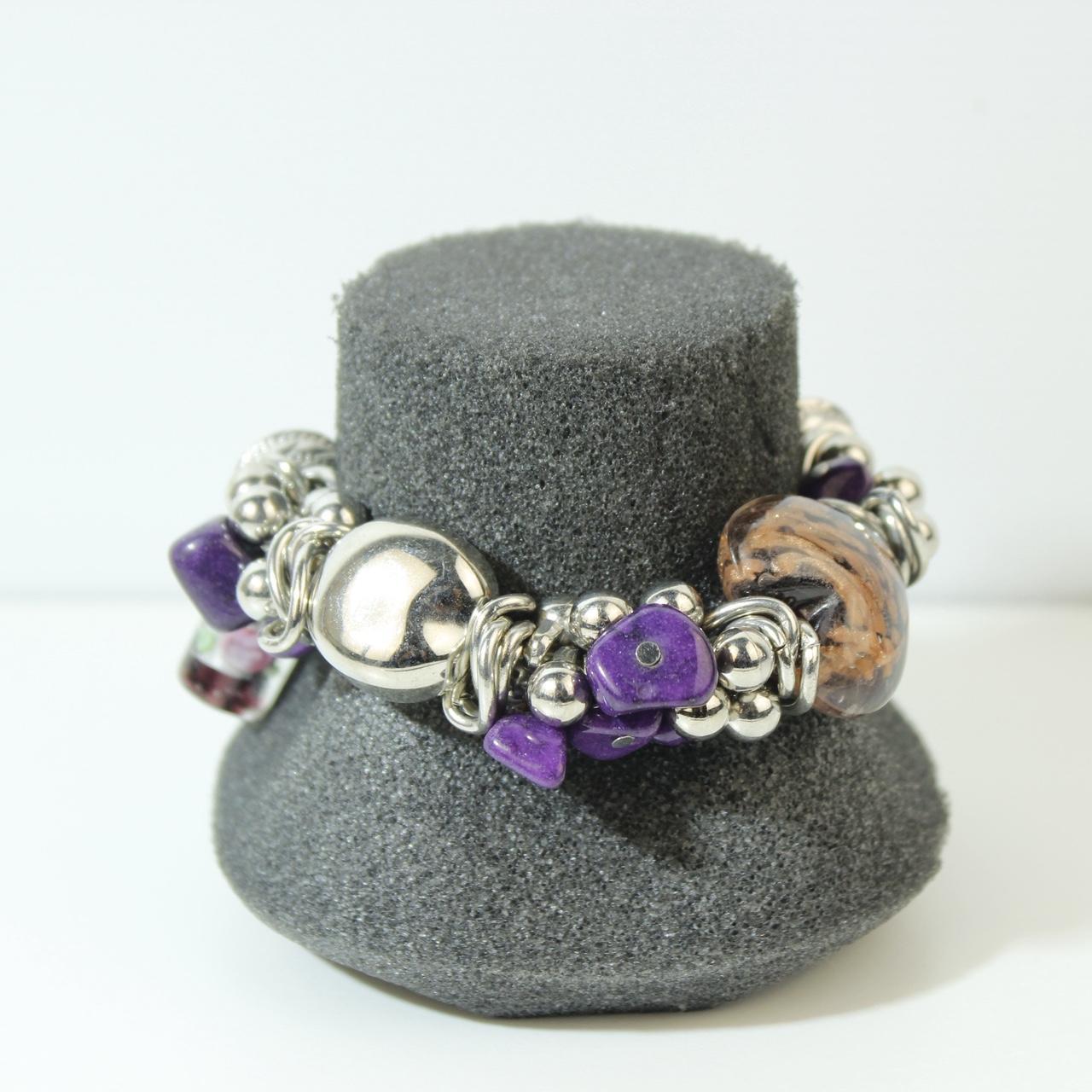 Chunky Silver Tone Charm Bracelet Purple Stone Chips Metallic Beads Large Chain