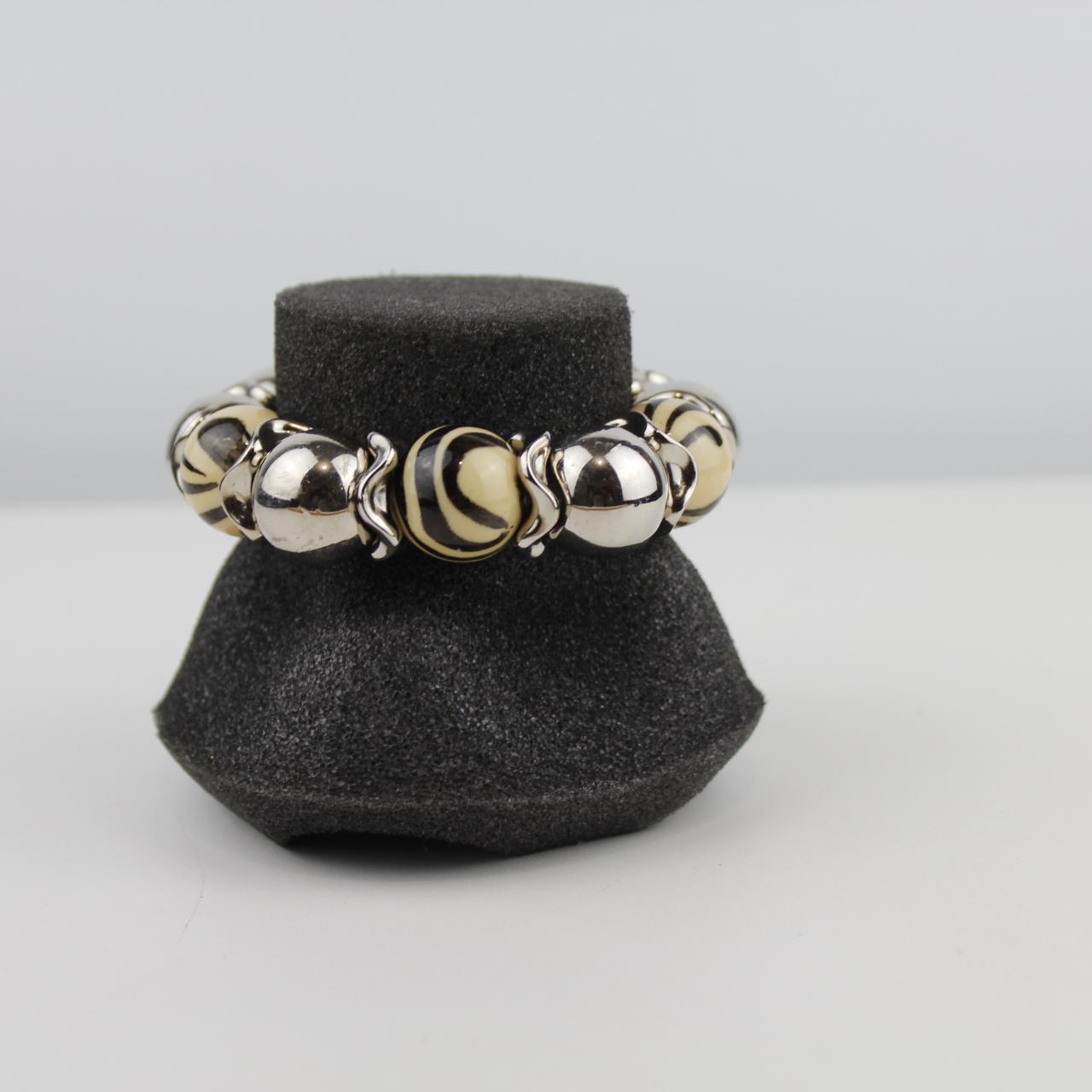 Stylish Silver and Striped Beaded Bracelet with Black and Be