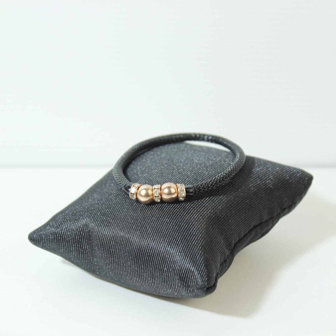 Mesh Black Cord Bracelet Gold Tone Beads Clear Crystal Spacers Rhinestone