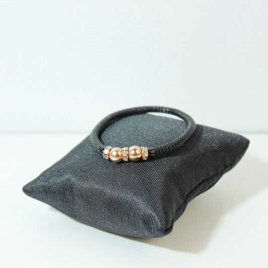 Mesh Black Cord Bracelet Gold Tone Beads Clear Crystal Spacers Rhinestone