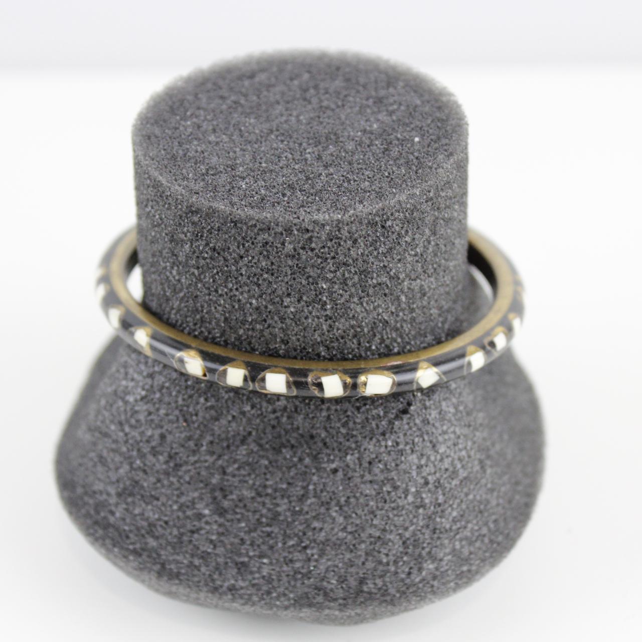 Brass Bangle Bracelet with White Dot Inlay - Unique Design -