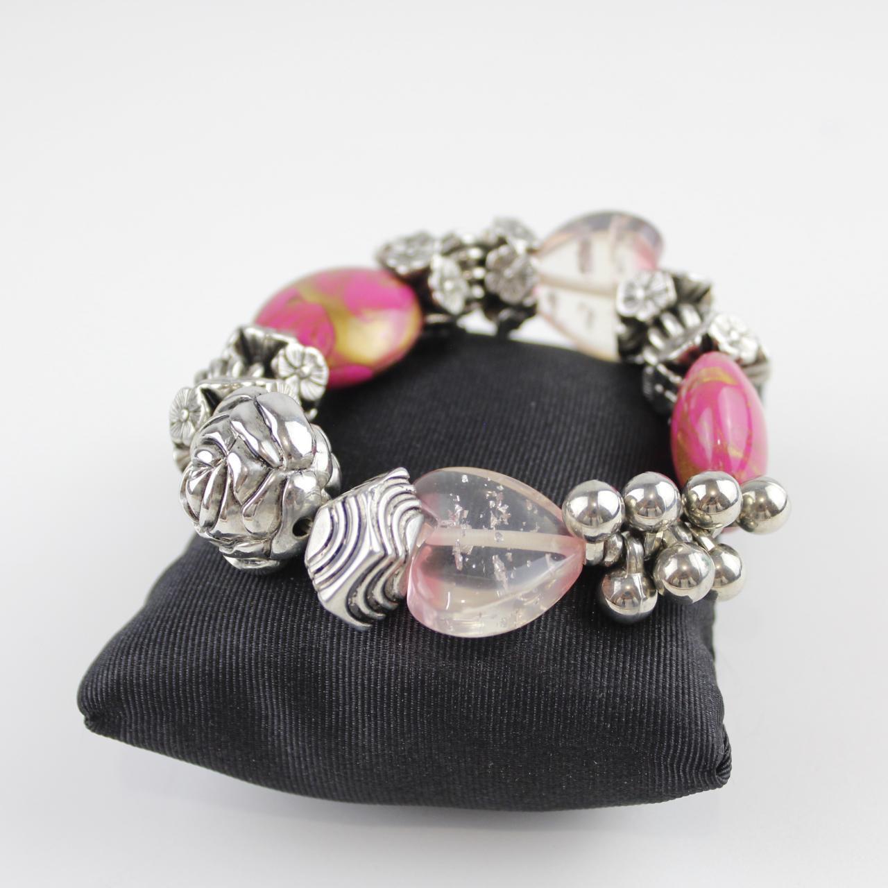 Eclectic Bead Stretch Bracelet - Pink & Clear Stones - Silve