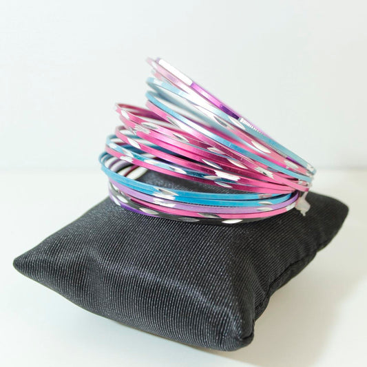 Set Multi-Colour Metallic Stacking Bangles Pink Purple Blue  Festive Summer