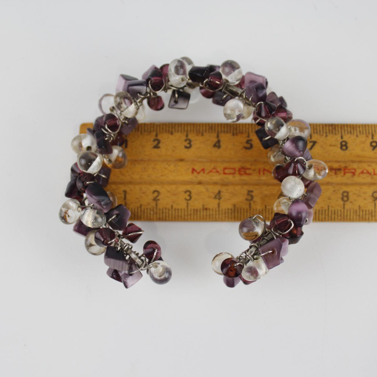 Purple and Clear Glass Bead Bracelet - Silver Wire Wrapped -