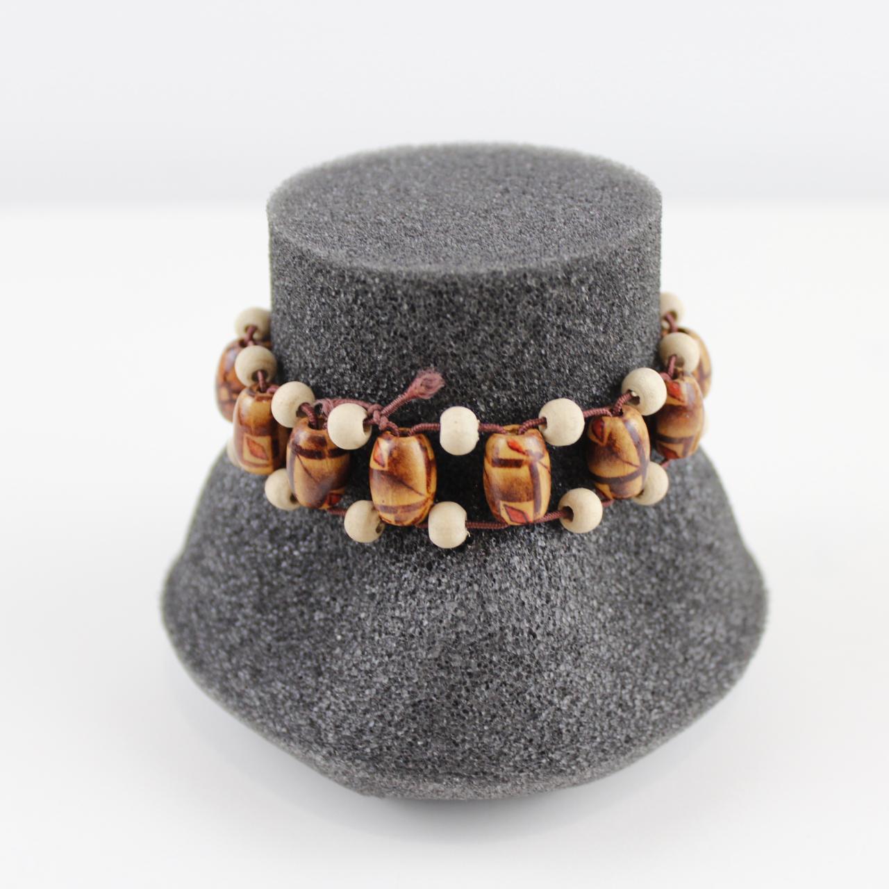 Natural Wood Bead Bracelet - Etched Patterns - Boho Chic - H