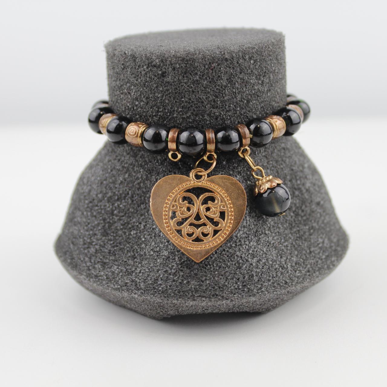 BlackBead Bracelet Gold Tone Spacer Heart Charm Jewelry Fash