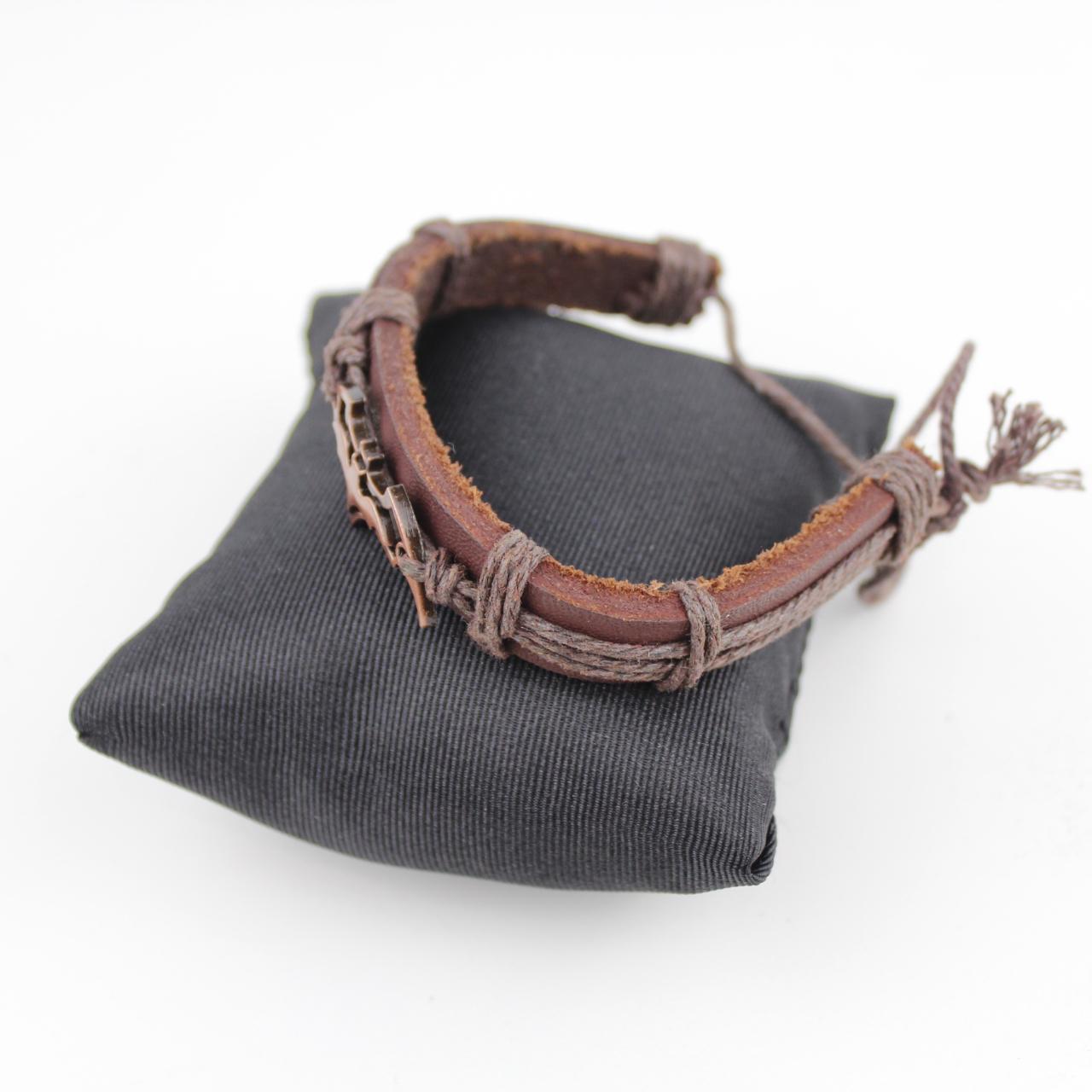 Brown Leather Bracelet Batman Logo Charm Copper Tone Jewelry