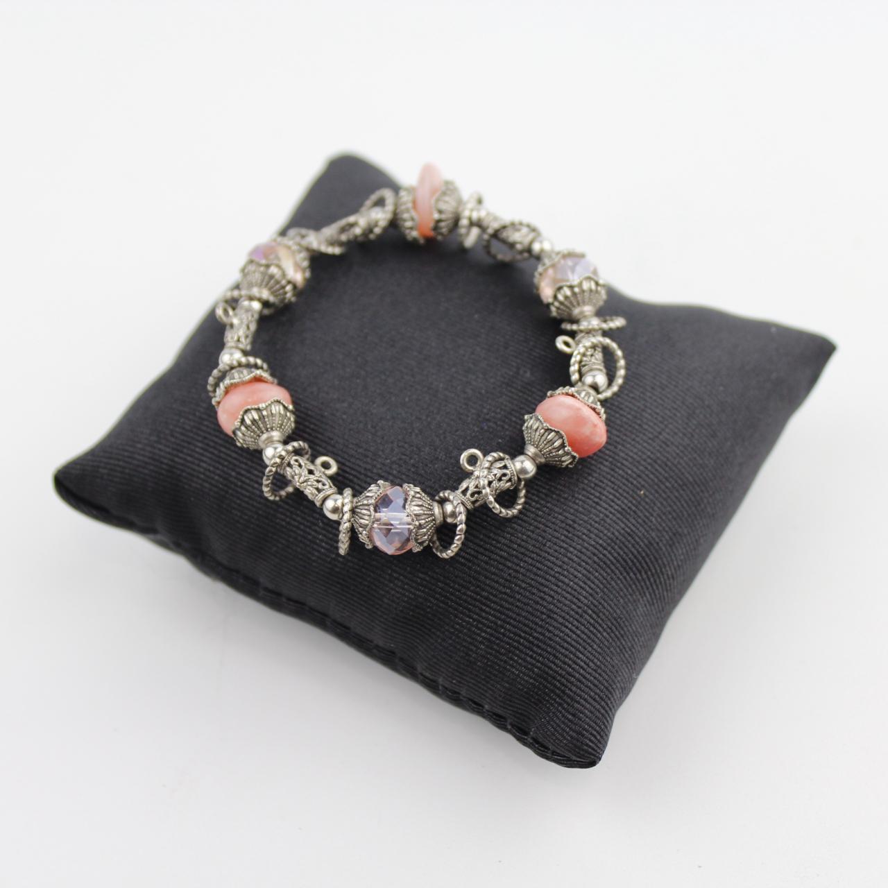 Vintage Silver Charm Bracelet with Pink and Clear Beads Eleg