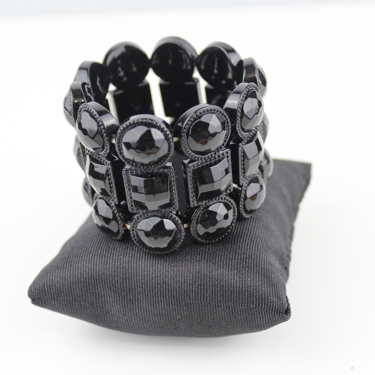 Black Faceted Bead Bracelet Statement Jewelry Bold Multi Row