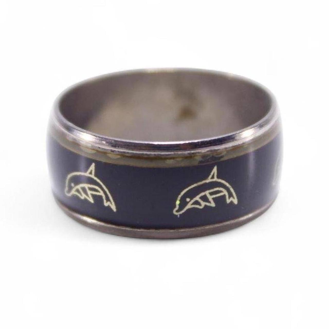 Dolphin Wide Band Ring Black Enamel Inlay Gold Tone Nautical