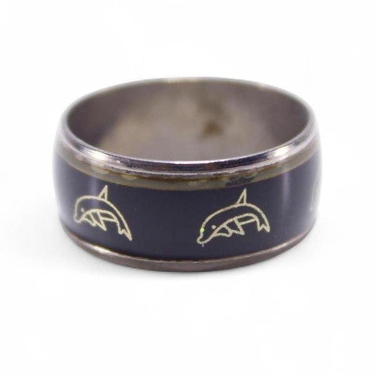 Dolphin Wide Band Ring Black Enamel Inlay Gold Tone Nautical