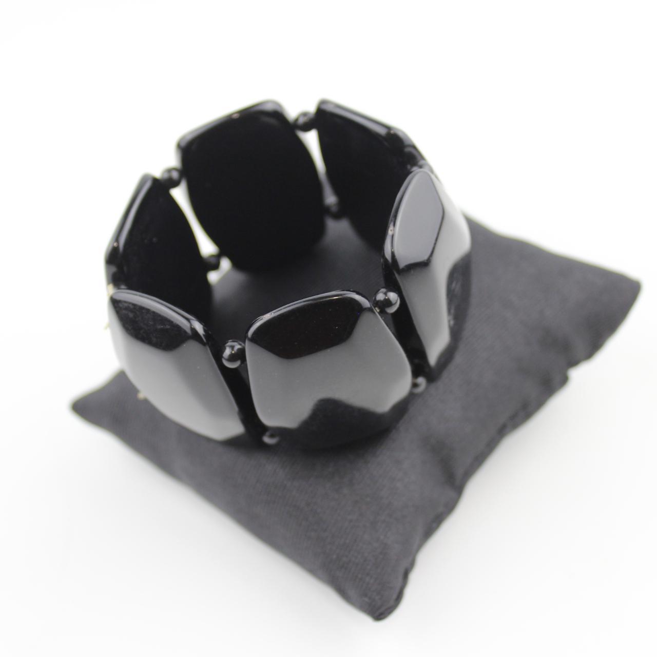 Black Rectangular Bead Stretch Bracelet Glossy Jewelry Fashi